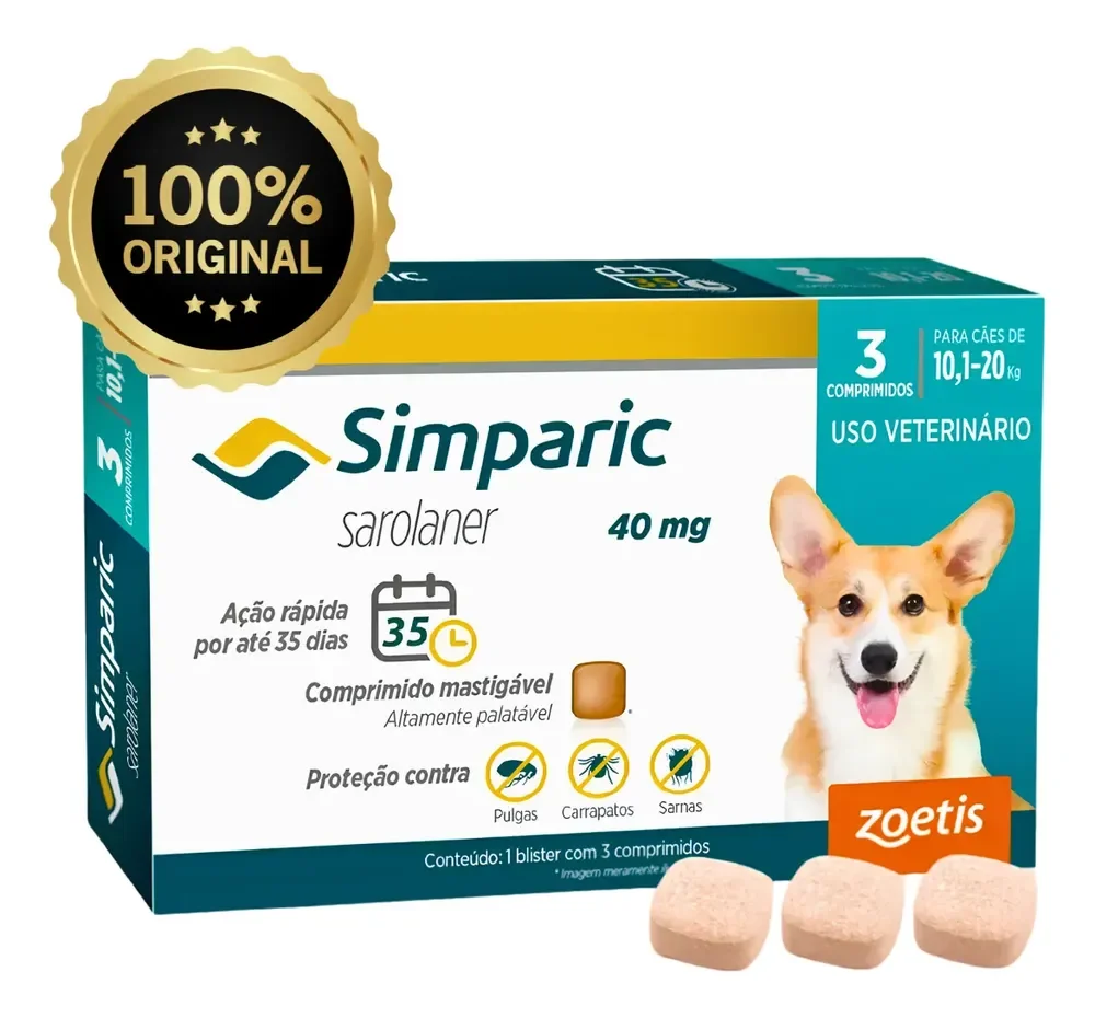 Simparic 40mg Cães 10 A 20kg 3 Comprimidos Original 40mg 3 Comp.