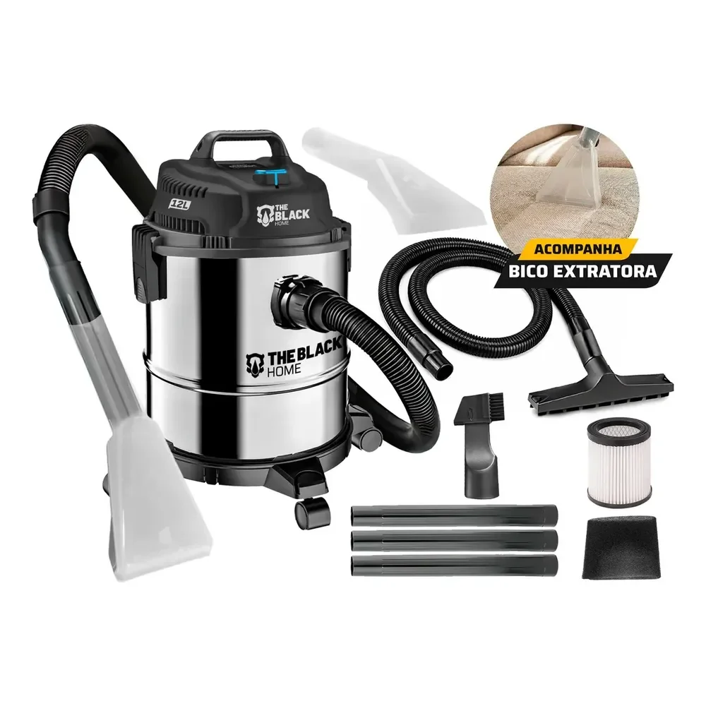 Aspirador De Pó E Água Inox Turbo 12 Litros 1200w Com Soprador E Bico Extratora Multiuso Tbac120 The Black Tools