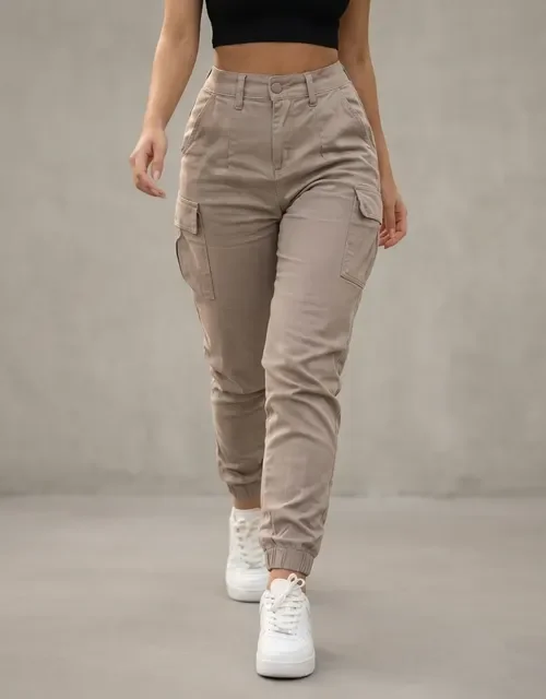 Calça Cargo Jogger Jeans Feminina Cintura Alta Com Lycra