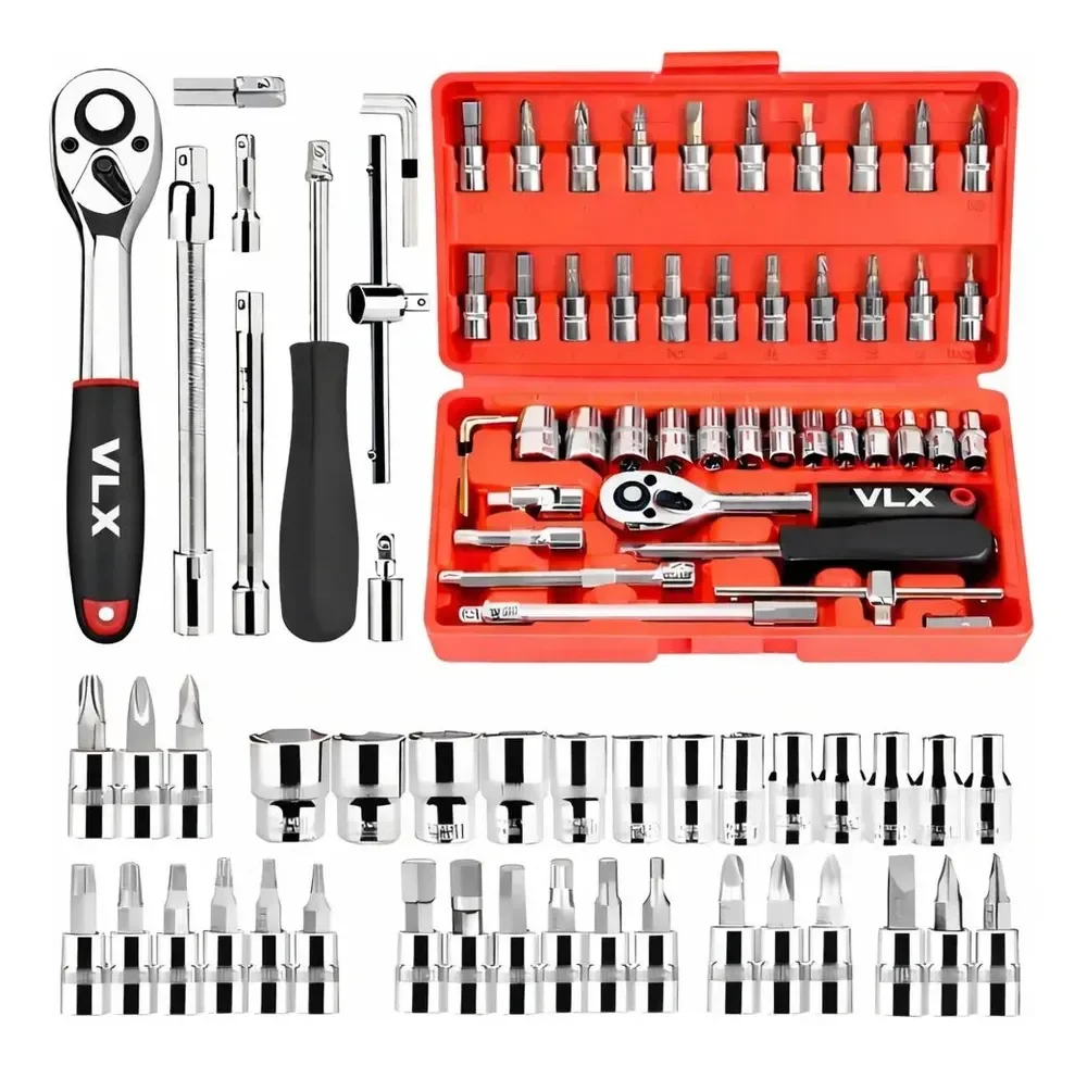 Kit Ferramentas VLX GJ-46 com 46 Peças, Soquetes 1/4" e Maleta para Uso Doméstico