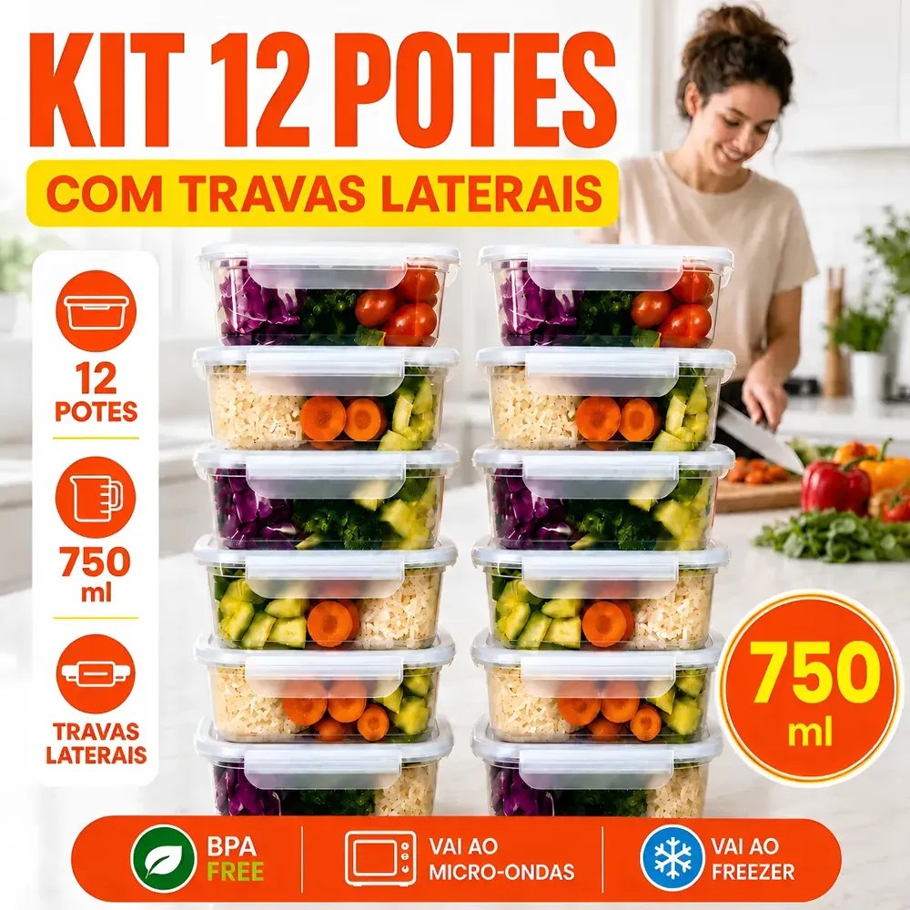 Kit 12 Potes Marmita 750 Ml Reutilizável Freezer Microondas Transparente