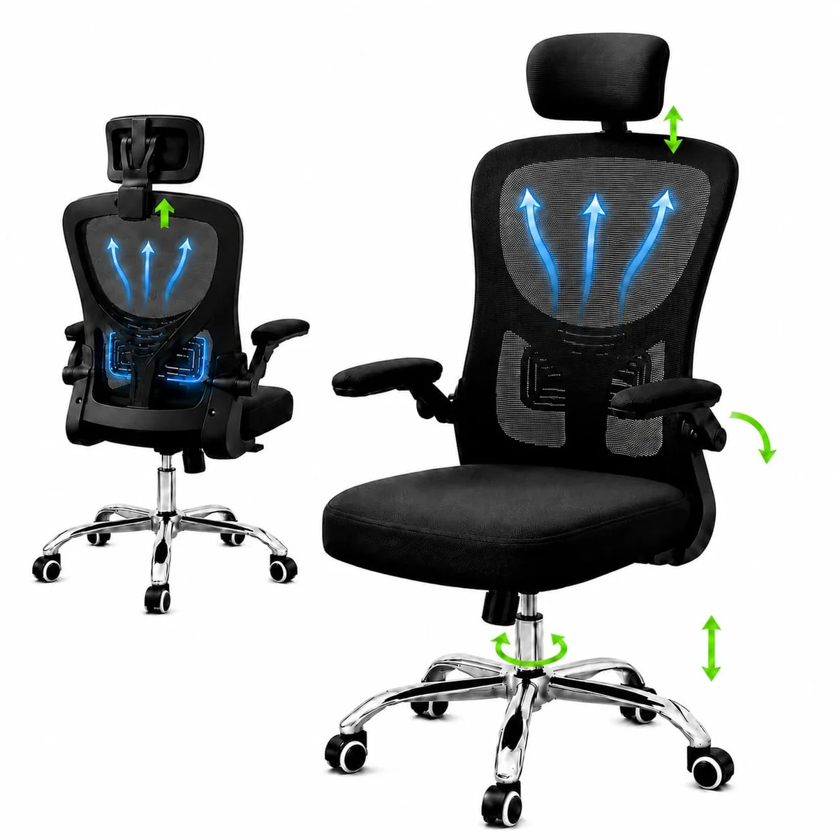 Cadeira de Escritório Ergonômica Premium NR17 Preta Giratória Reclinável 145 Graus com Suporte Lombar Encosto Mesh Respirável Cadeira Gamer Regulagem de Altura e Braços Suporta até 120kg