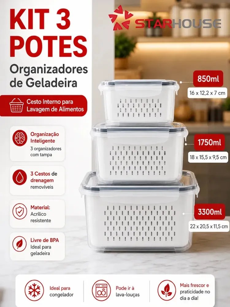 Kit 3 Organizadores Geladeira Alimentos Legumes Verduras Frutas Transparente Com Tampa Trava Hermético Escorredor - Starhouse