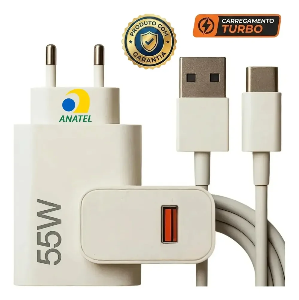 Carregador Turbo 55w USB-C Com Cabo Tipo C 1 Metro Fonte Bivolt 110v/220v, Carregamento Rápido Fast Charge, Ideal Para Celular Android, Compatível Com iPhone Samsung Motorola Xiaomi LG