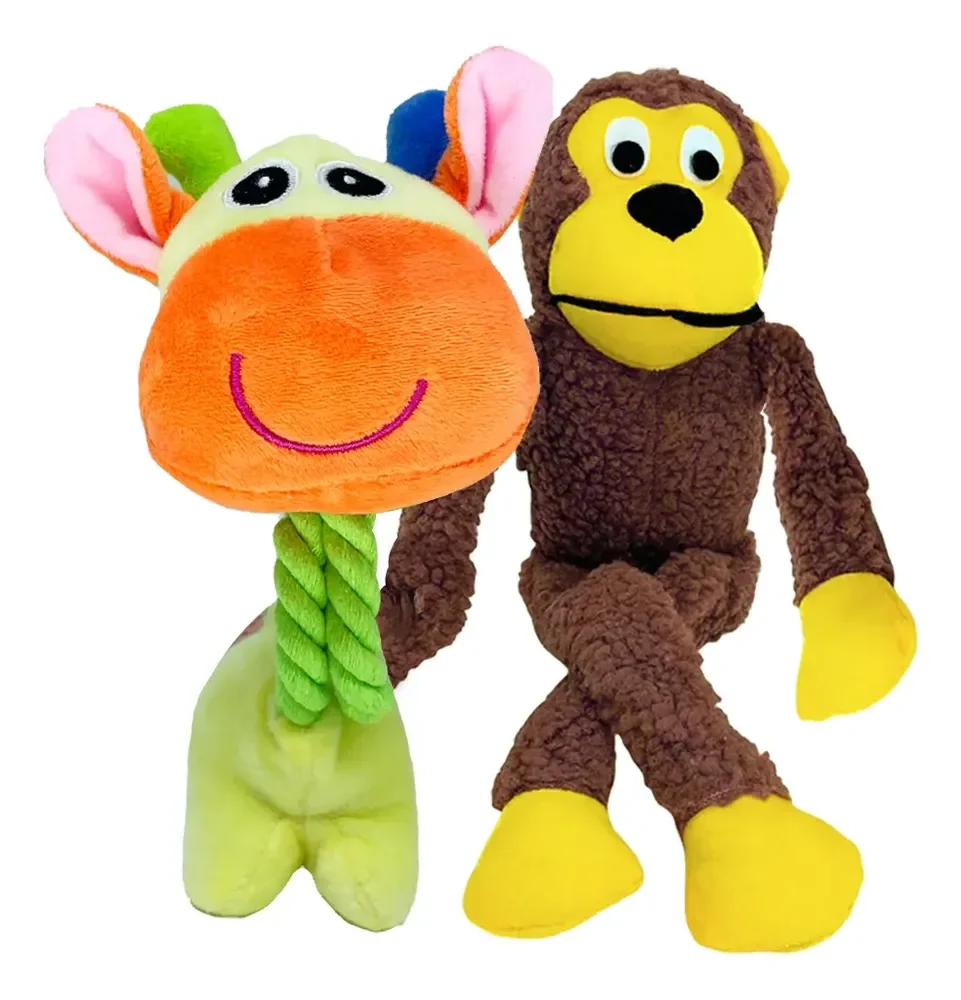 Kit 2 Pelúcias P/cachorro,macaco E Girafa C/apito Savana Pet