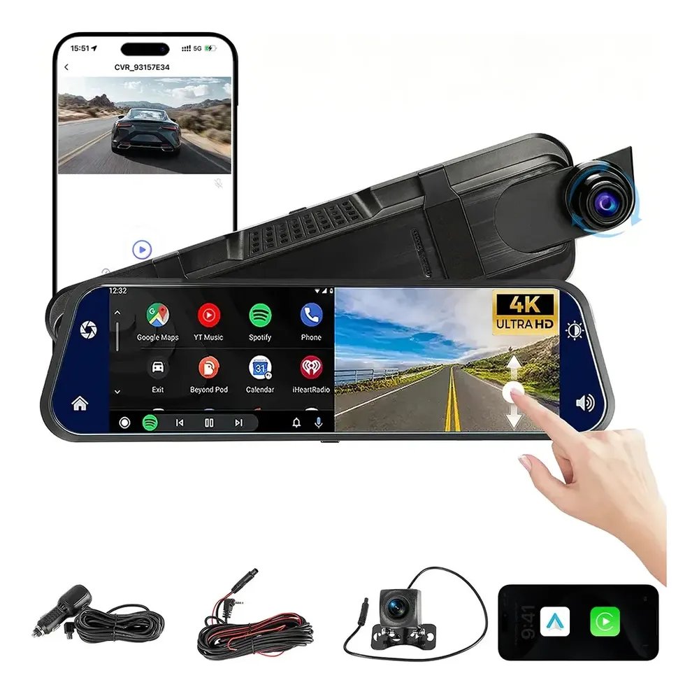 Câmera Veicular Automotiva Carro Com Wifi 4k+1080p Tela 10in