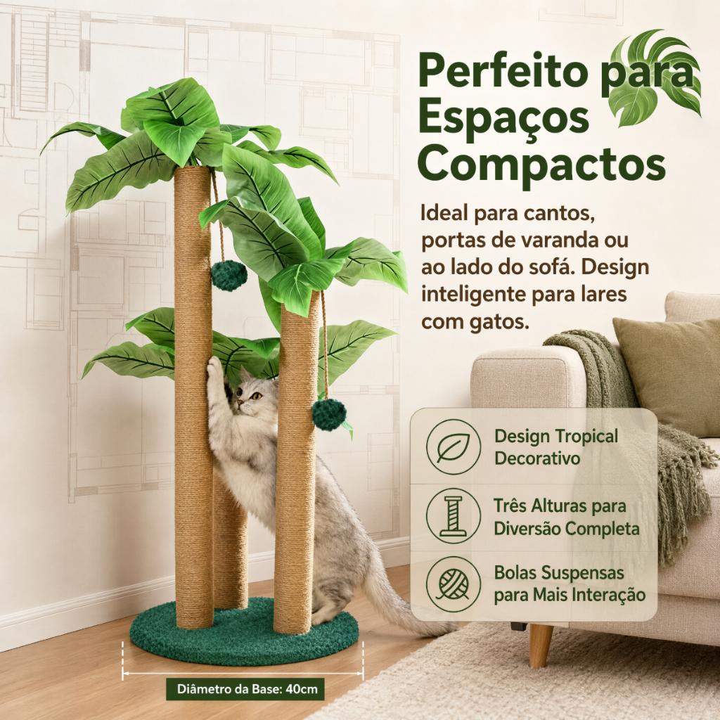 Newpet-Arranhador Palmeira de 3 Postes Altura 80cm com Folhas de Cana-de-Índia, Sisal Resistente e Bolinhas Pendentes