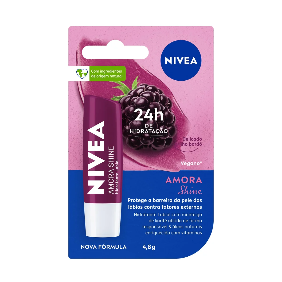 NIVEA Hidratante Labial Amora Shine 4,8g, Hidratação Intensa 24h, Cor Suave, Brilho Delicado, Cuidado Diário, Manteiga de Karité