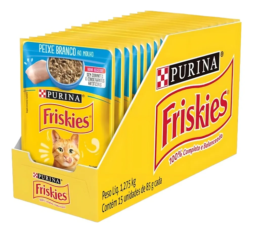 Ração Úmida Gatos Peixe Branco Molho 85g 15 Sachês Friskies