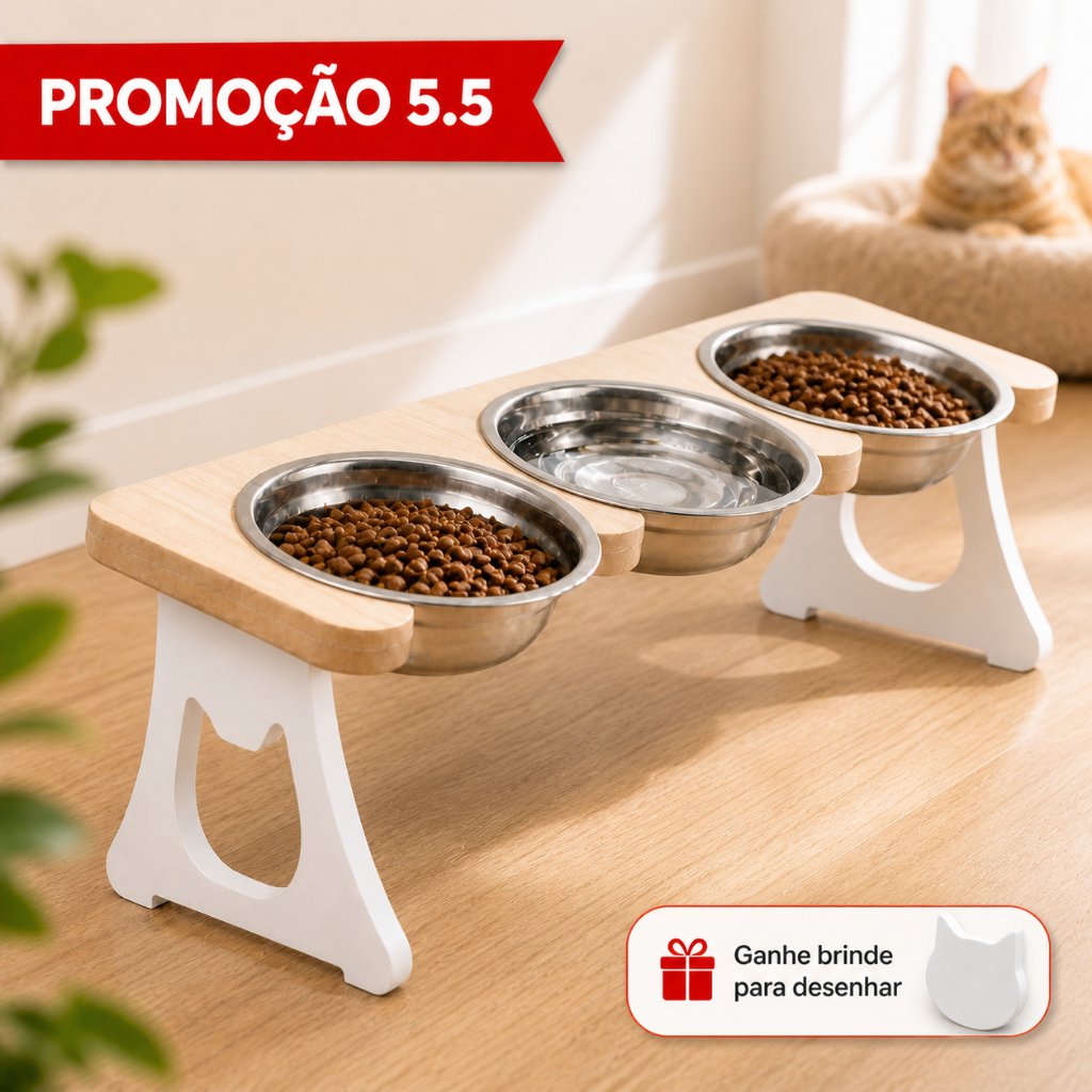 COMEDOURO EM INOX TRIPLO PARA GATOS OU CACHORROS PEQUENOS