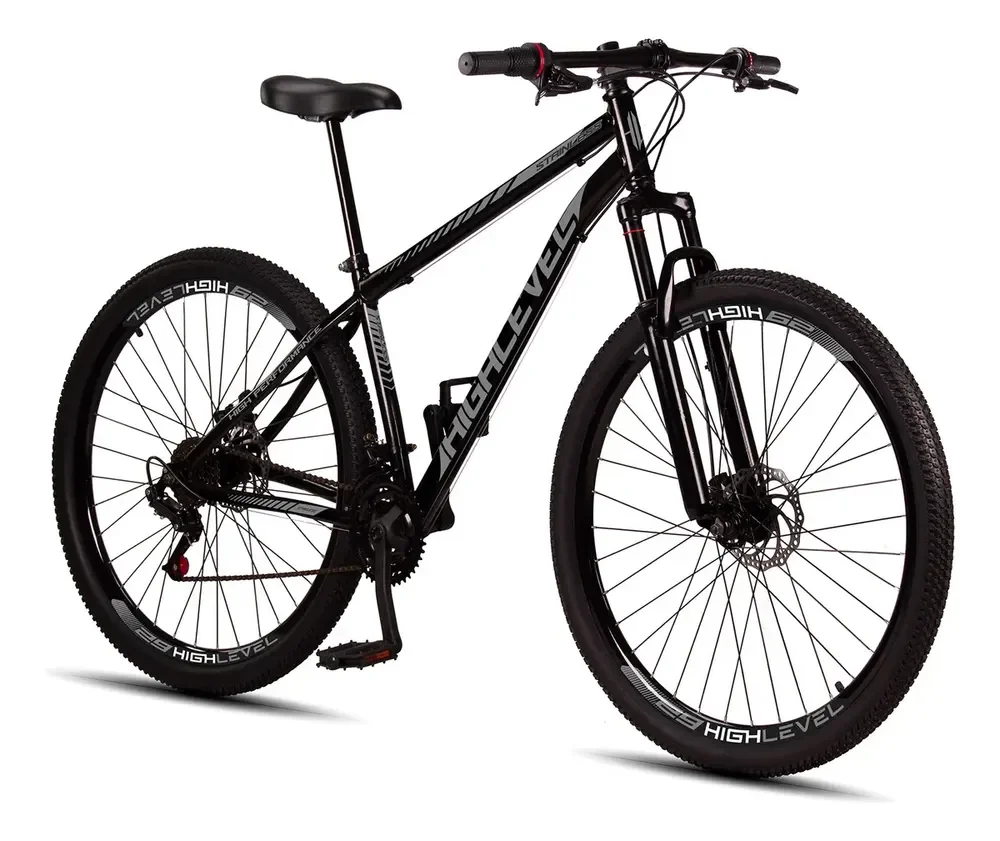 Bicicleta Aro 29 Highlevel Aço Carbono Freios Disco Suspensão 21v Cor Preto - Cinza