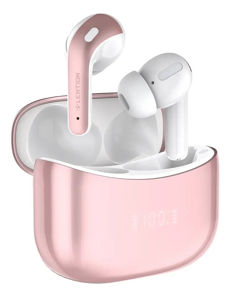 Fone de Ouvido TWS Lention T3 Bluetooth 6.0 Grave Potente Drivers 13mm 48h Bateria Carregamento Intra-Auricular Isolamento Superior IPX5 Com Microfone Display LED Rosa