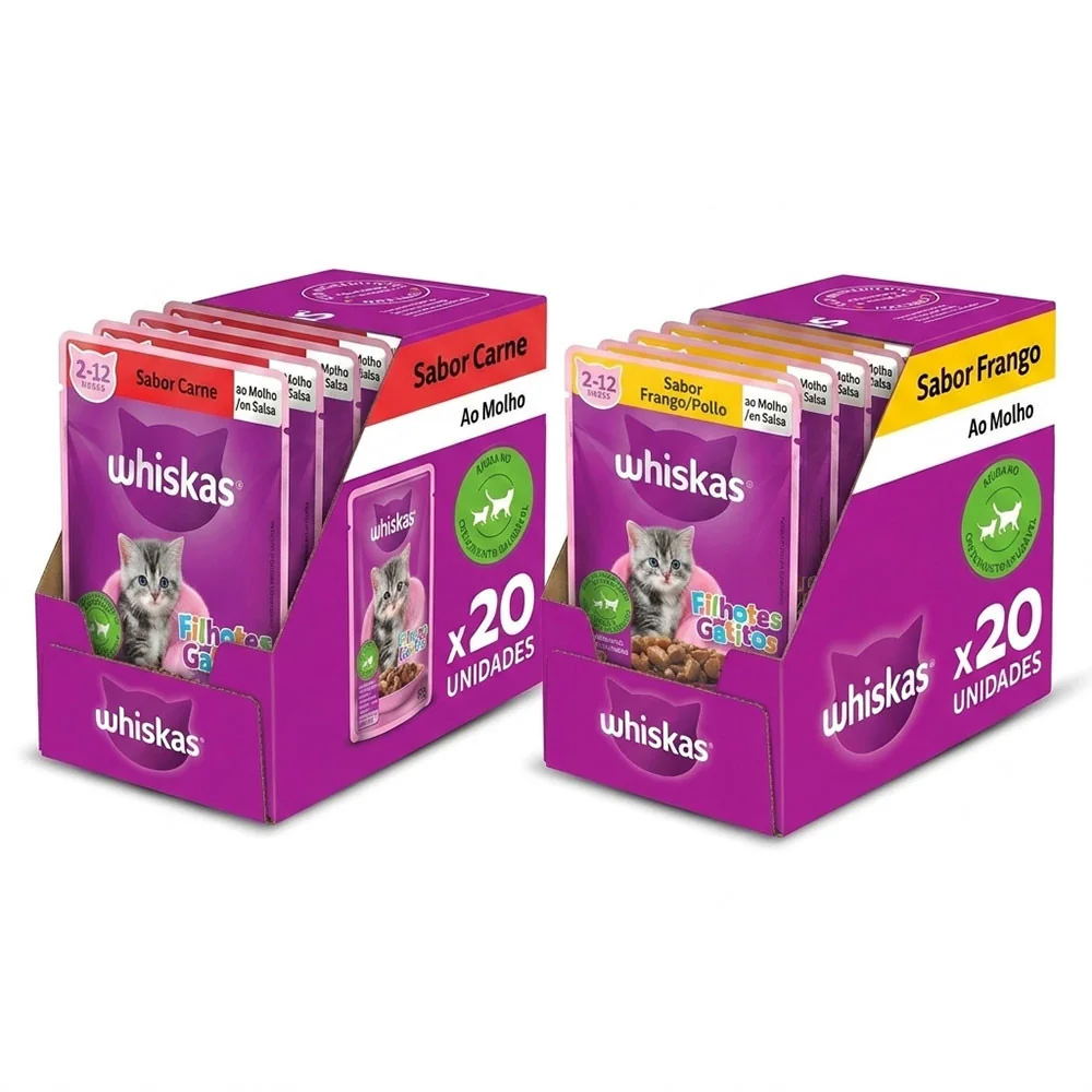 Kit 40 Sachês Ração Úmida Whiskas Gato Filhote Carne e Frango