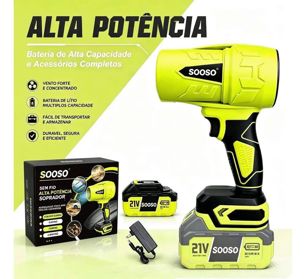Sooso Soprador de Ar Potente 21V Sem Fio a Bateria Portátil para Secagem Automotiva Limpeza Casa Jardim Folhas Eletrônicos