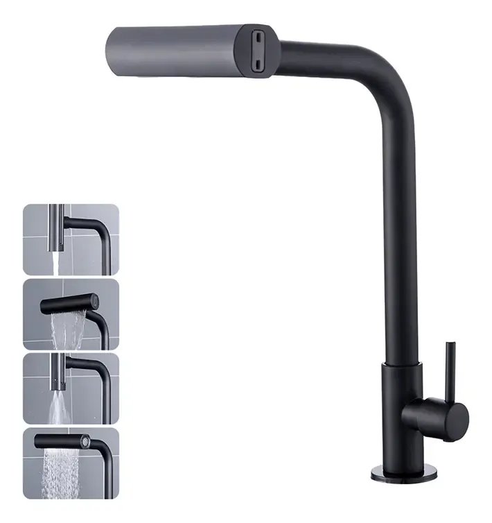 Torneira Cozinha Bancada Inox 304 Água Fria Bica Alta Gourmet 4 Modos De Água Estilo Cascata Torneira Pia Cozinha Moderna, Torneira Flexivel, Torneira De Cozinha Cor Preto Premium Para Cuba Gourmet