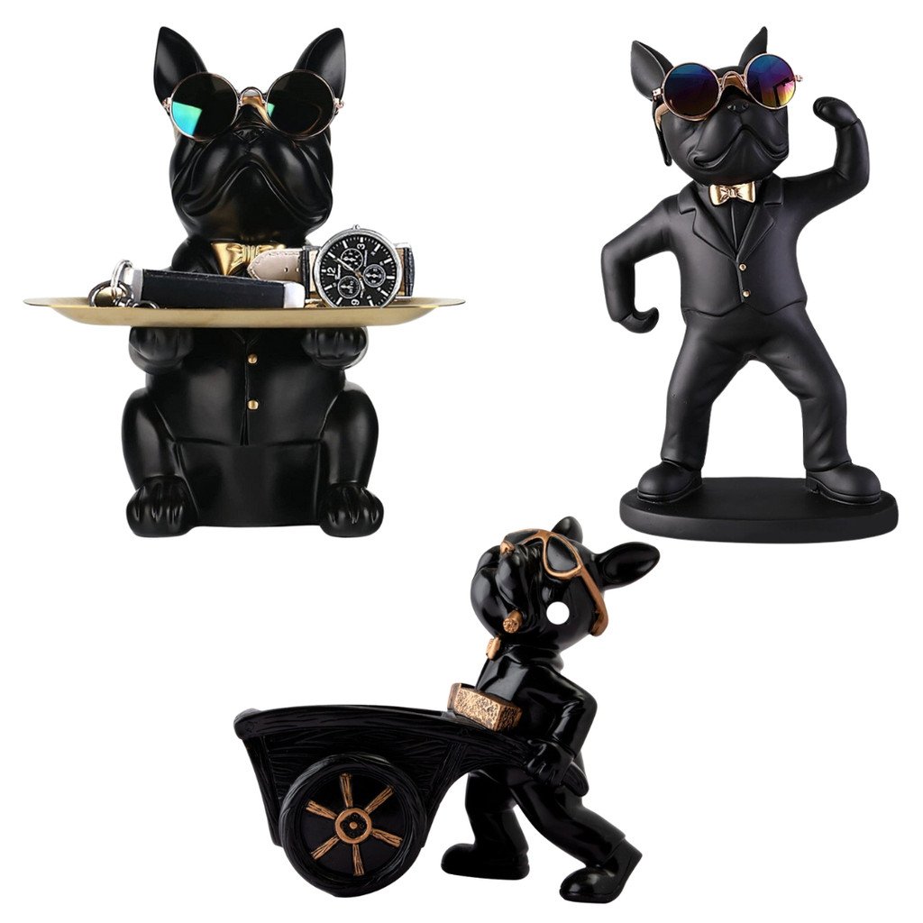 Escultura Estatueta Decorativa de Cachorro Bulldog com Bandeja Óculos Porta Objetos Resina Decoração