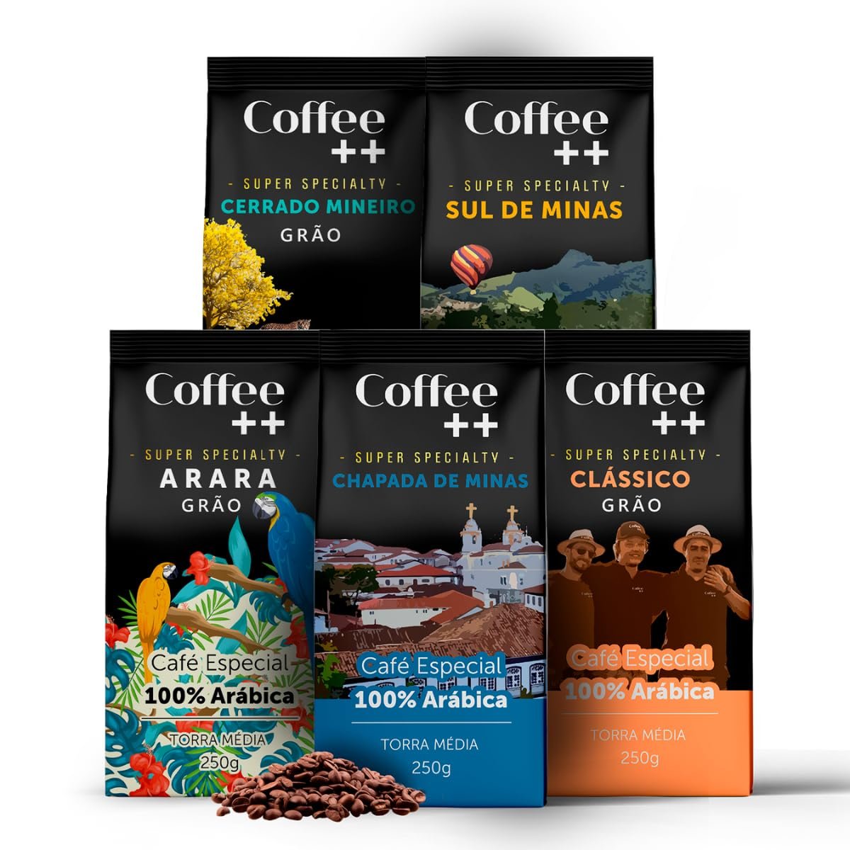 Kit 5 Pacotes Café Especial em Grãos Coffee++ Variedades: Chapada de Minas, Sul de Minas, Cerrado Mineiro, Arara e Clássico - 100% Arábica (5x250g)
