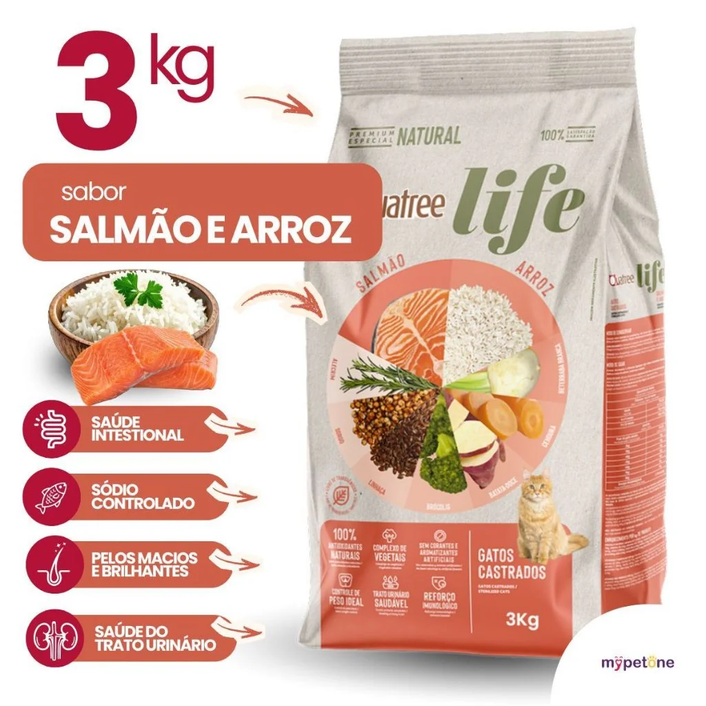Ração Seca Quatree Life Salmão e Arroz Gatos Castrados - 3 Kg