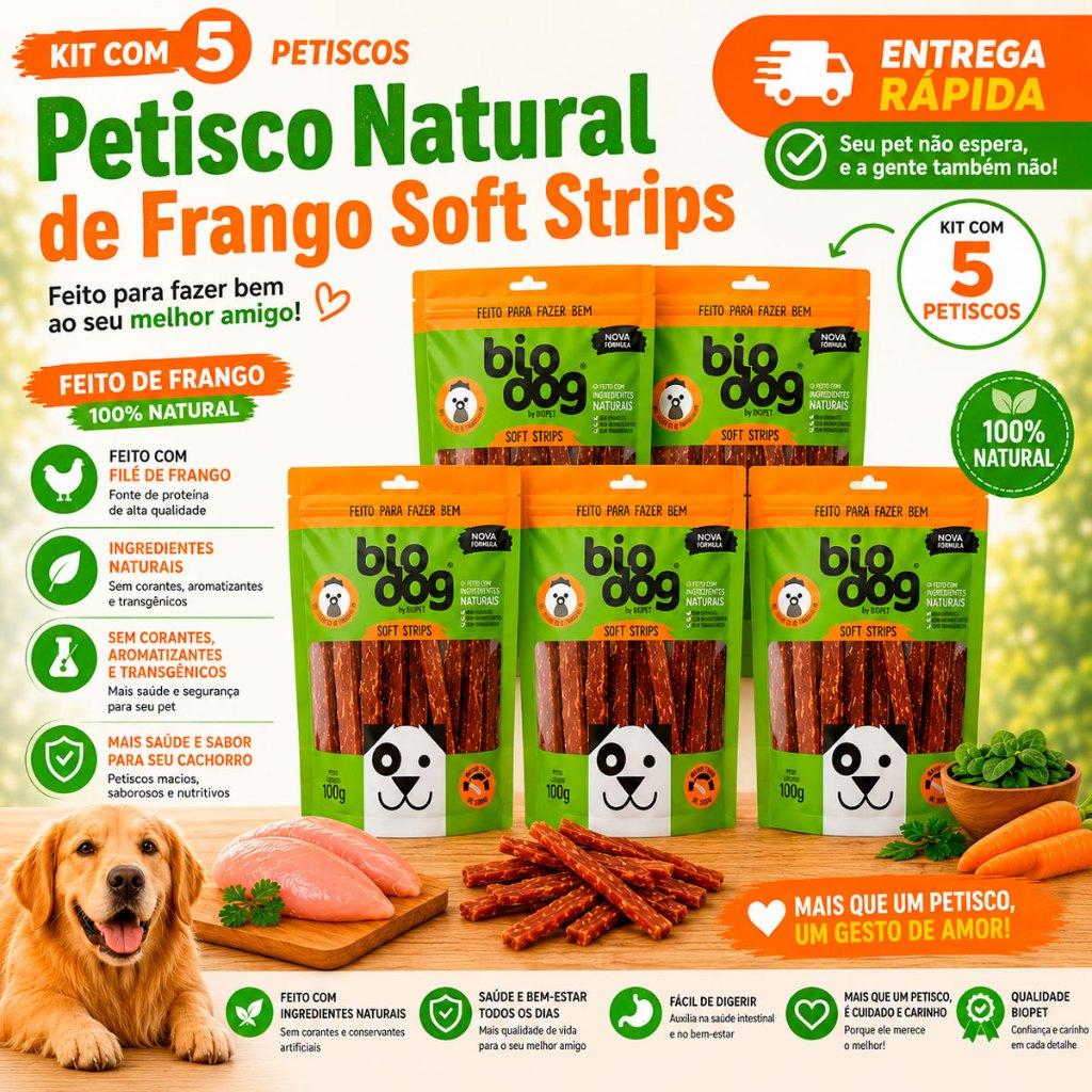 Kit 5 Bifinho Petisco Natural Snack Biscoito Cães Biodog Mordedor Gourmet Soft Strips Frango