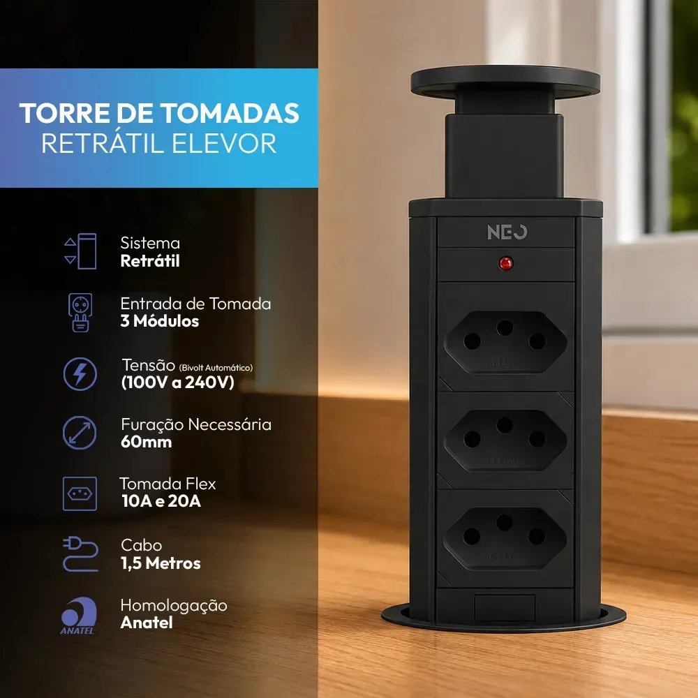 Torre de Tomada Embutir Neo Avant Preta 3 Tomadas Flex 10A 20A Bivolt