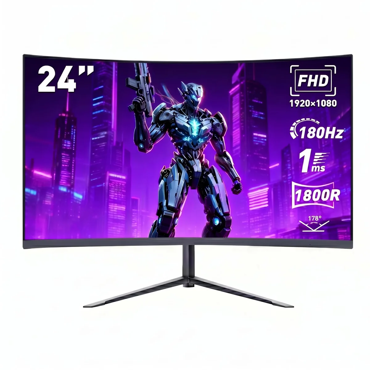 Monitor Gamer Curvo de 24 Polegadas, Monitor de Computador FHD 1080p, 180 Hz, Tempo de Resposta de 1 ms, Ultrafino, Alto-falantes Integrados, VESA, Compatível com G-SYNC