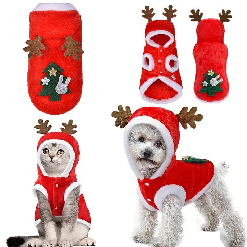 Fantasia De Natal Para Animais De Estimação , Colete Térmico De Flanela Cachorro , Gato , Papai Noel , Árvore Espessante