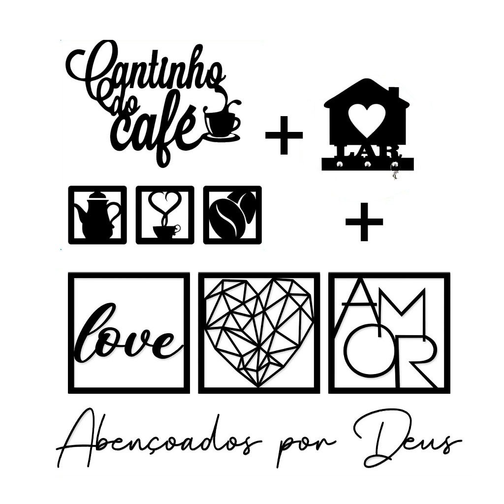 Kit 6 Placas Decorativas + 2 Letreiros Cantinho do Café e Abençoados Por Deus + Porta Chaves Lar