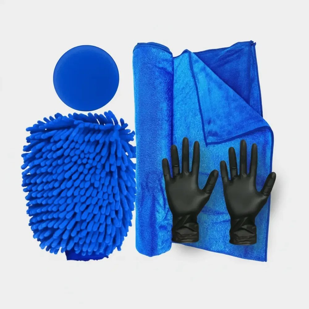 Kit Lavagem Luva Microfibra + Aplicador + Toalha De Secagem Azul