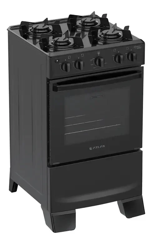 Fogão 4 Bocas Atlas Mônaco Lustro Automático Mesa De Aço Esmaltado Preto