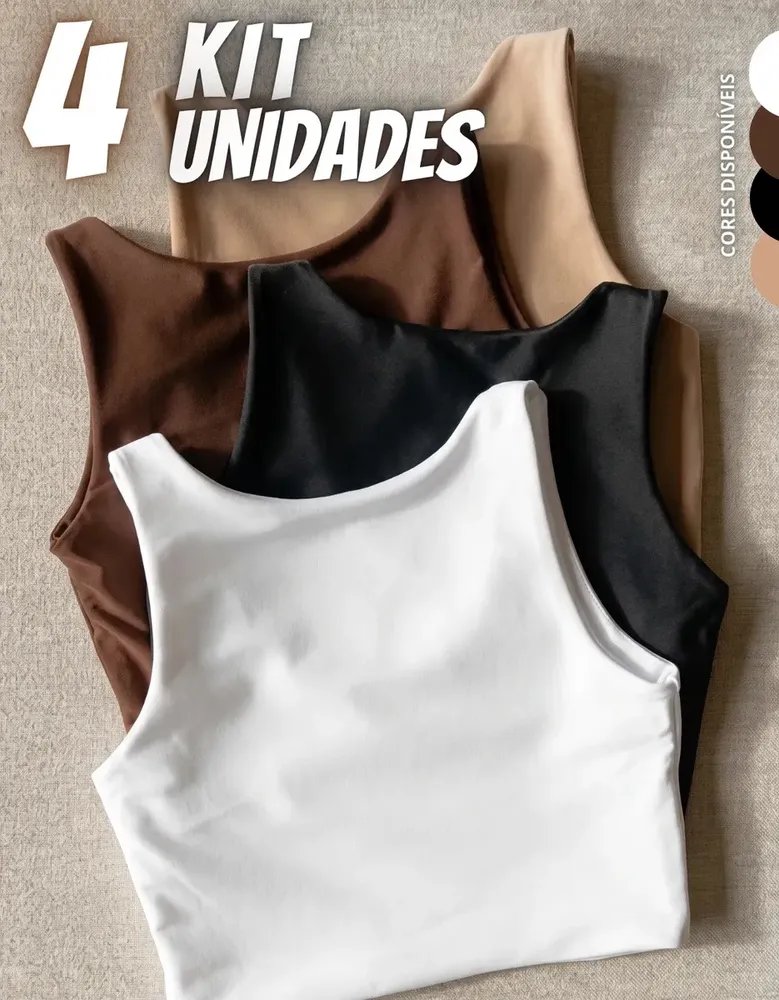 Kit 4 Blusas Regata Feminina Suplex Tshirt Básica Casual Preto + Branco + Marrom + Nude Liso P/m (36-38)