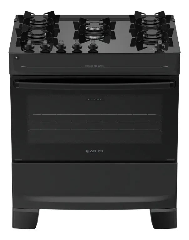 Fogão 5 Bocas Atlas Mônaco Top Glass Automático Mesa De Vidro Preto