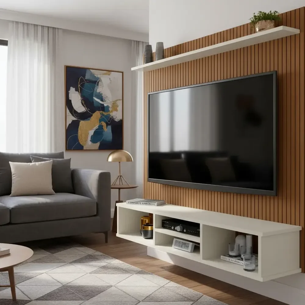 Painel Clique Móveis Tv 50” Ripado 3D Off White com Nichos