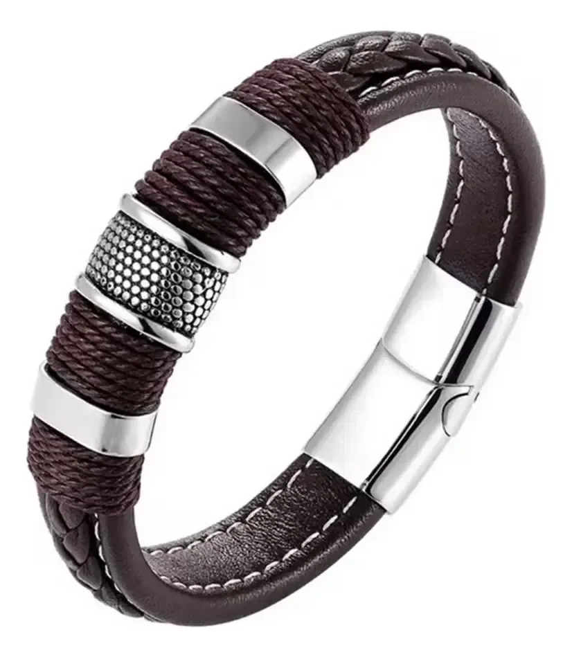 Pulseira Masculina Couro Trançado Fecho Magnético Aço Polido Marrom 0.3 Cm 21.5 Cm