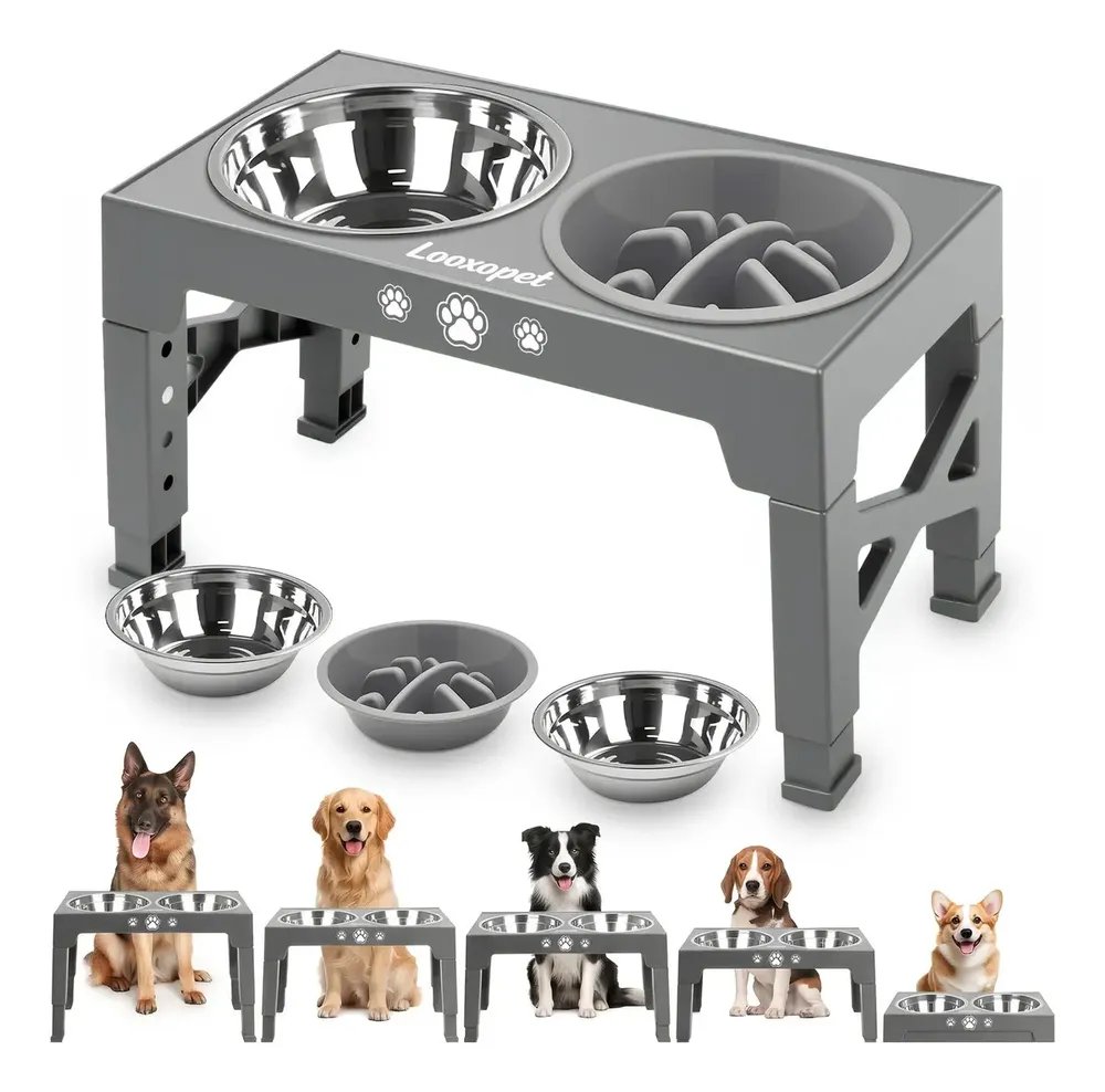 Comedouro Bebedouro Elevado Cães Duplo Lento Inox Grandes Ajustável Looxopet Cinza