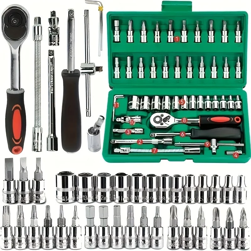 46 Peças Verde Kit Chaves Jogo Catraca Reversível Soquetes Maleta Promoção