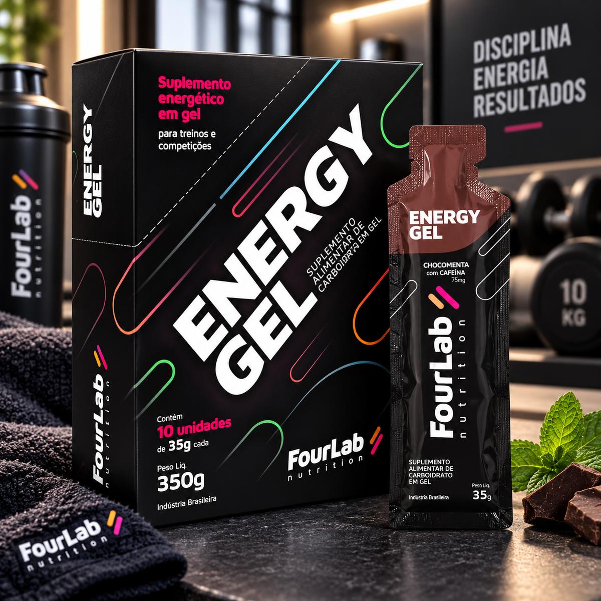 Pack 10 Géis de Carboidratos FOURLAB Energy Com Cafeína sabor Chocomenta, Para Ciclismo e Maratona