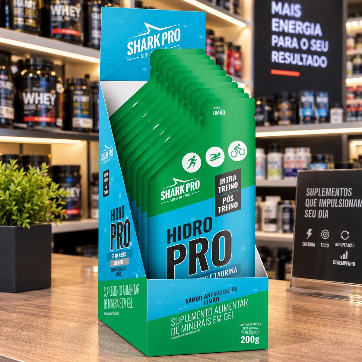 Suplemento Esportivo Shark Pro Hidro Pro Gel de Vitaminas e Taurina Sabor Limão com 10 Sachês