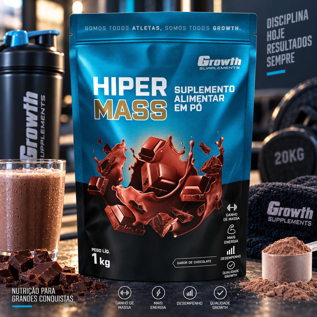 Growth Supplements Hiper Mass, Pó, Sabor Chocolate, Blend de Whey Protein, Albumina e Colágeno Hidrolisado, 1kg