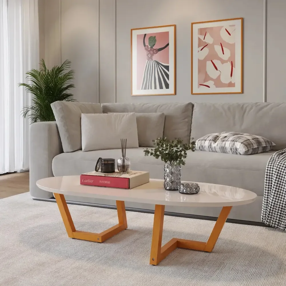 Mesa De Centro Lateral Apoio Sala Oval Pé Madeira Decorativa Off White