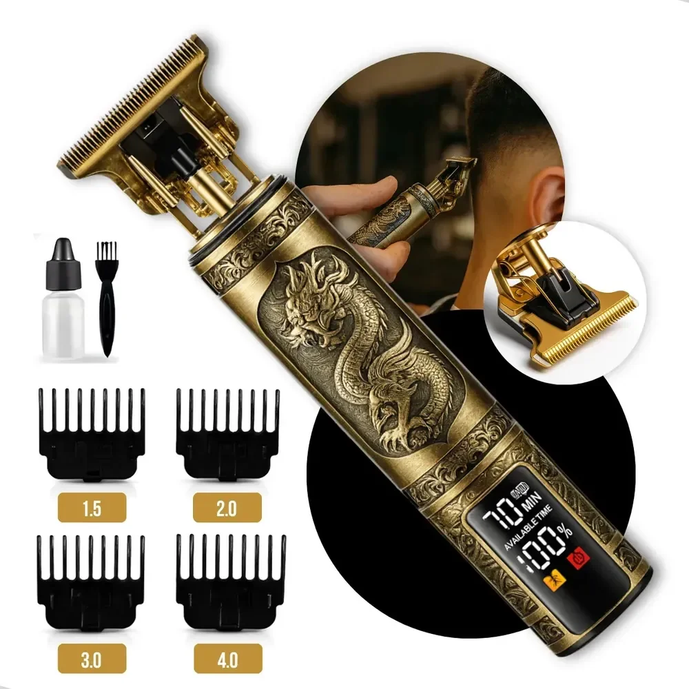 Maquina De Cortar Cabelo Barbear Sem Fio Maquininha Dragão Elétrica Aparador De Pelos Acabamento Depilador 4 Pentes Intimo Masculino Motor Recarregável Usb Tipo C Dourado Nixzen
