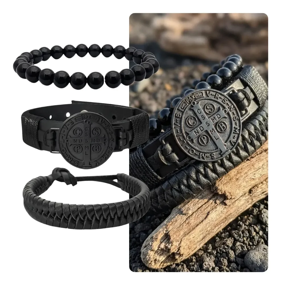 Pulseiras Masculinas Couro Kit C/03 São Bento Preto