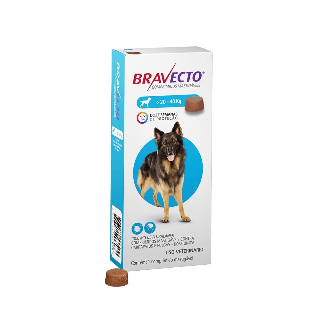 Bravecto® 1000mg Comprimido Mastigável Antipulgas e Carrapatos para Cães de 20 a 40kg – 1 Comprimido – MSD Saúde Animal