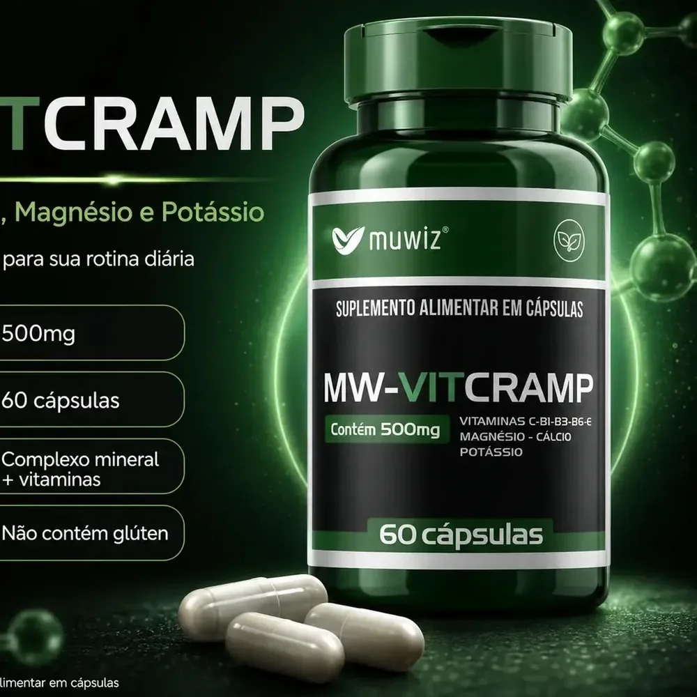 Suplemento Vitcramp Para Câimbras Com Potássio, Cálcio, Magnésio, Vitamina E, Vitamina B6, 60 Cápsulas, Muwiz Sem Sabor