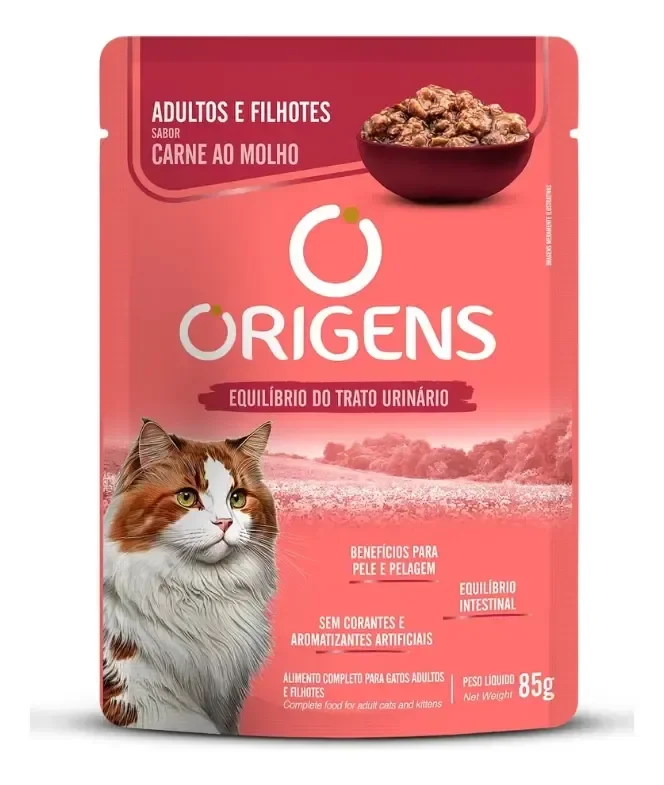 Sachê Origens Gatos Adultos E Filhotes Carne 85g Caixa 18 Un
