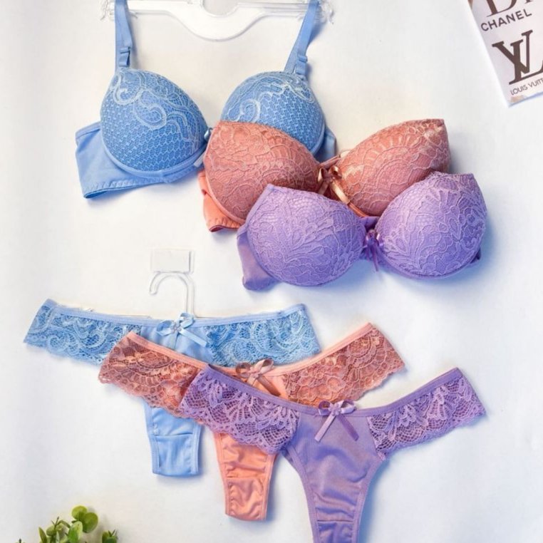 Conjunto de Renda Calcinha Fio Duplo Sutiã Bojo em Renda Alça Regulável Lingerie Feminina Promoção