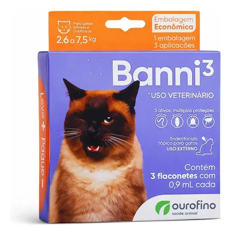 Antipulgas Sarna Vermifugo Gatos Banni Ourofino 2.6 A 7.5kg 3 Pipetas Cor Lilás