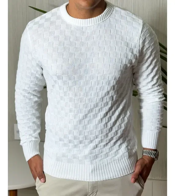 Suéter Masculino Lã Tricot Manga Longa Xadrez Blusa De Frio