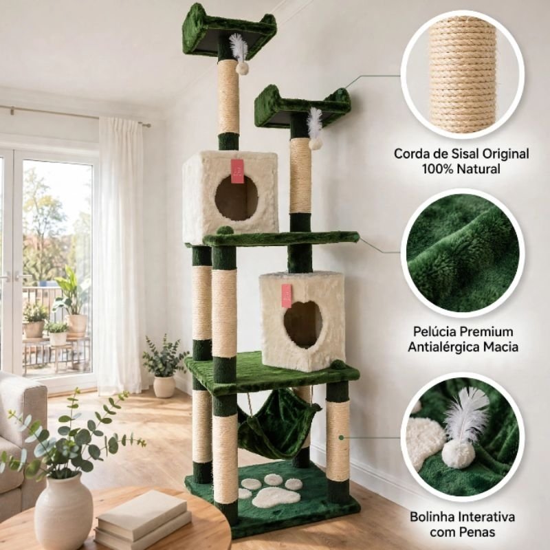 Arranhador Gigante 1,96m para Gatos com 2 Tocas, Rede e Sisal | Torre Casinha Petgrall