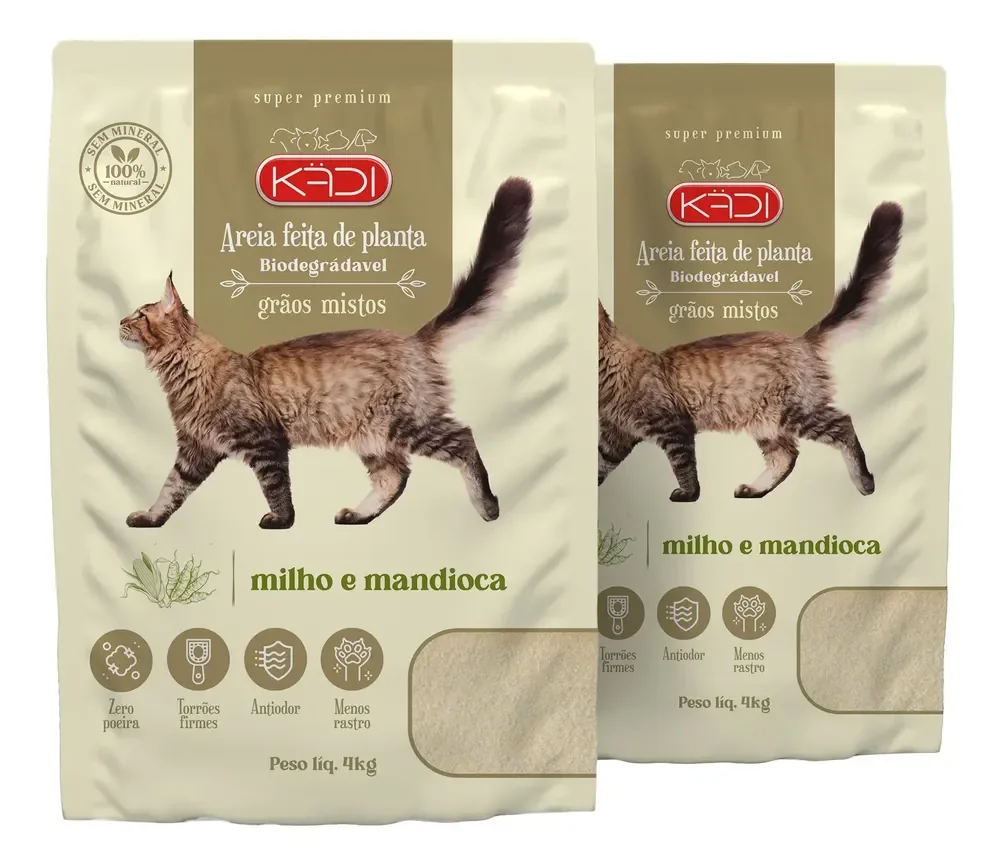 Kit 2un Areia Higiênica Kadi Gatos Grãos Mistos 4kg + Brinde
