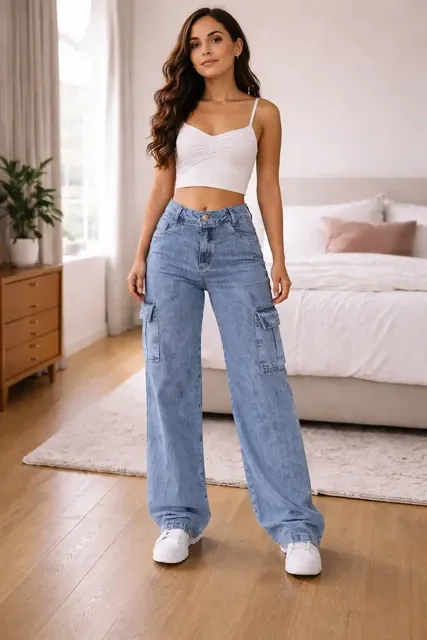Calça Cargo Feminina Wide Leg Cintura Alta Jeans  Stillger